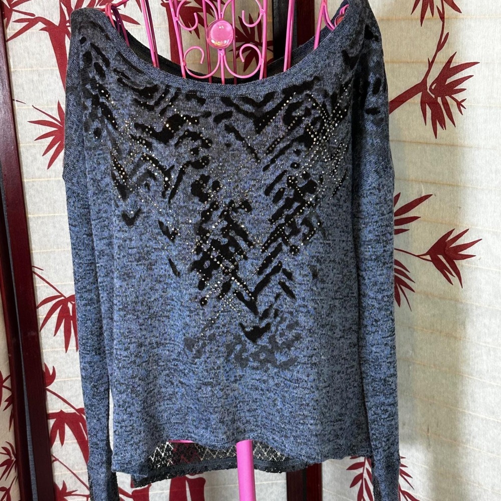 Miss Me Y2K Grunge Marled Knit Sweater Rhinestone Embellished Lace Detail Size M